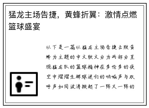 猛龙主场告捷，黄蜂折翼：激情点燃篮球盛宴