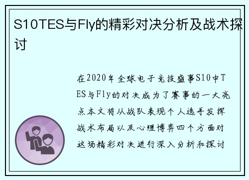 S10TES与Fly的精彩对决分析及战术探讨